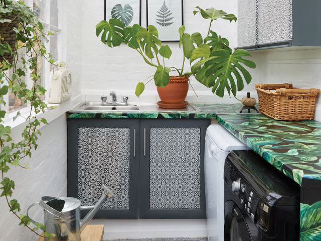 utility room makeover: removable worktop stickers transform the laundry area