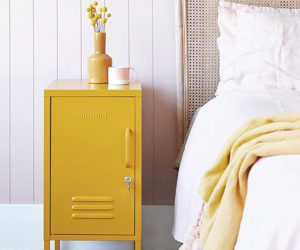 Bedroom storage ideas yellow mustard bedside locker