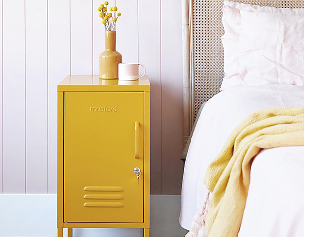 Bedroom storage ideas yellow mustard bedside locker