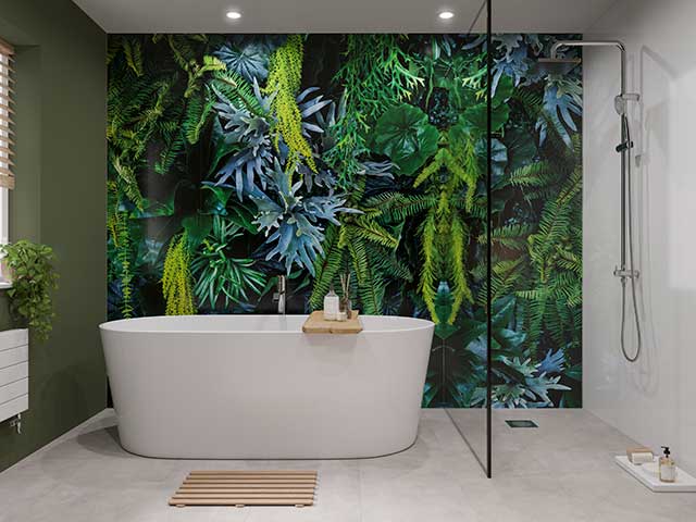 shower panels competition with tropical wallpaper