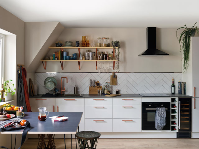 cluttercore kitchen: GoodHome Alisma high gloss white slab-style kitchen from B&Q