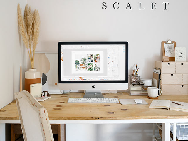 Scalet home office with wooden desk and pampas grass wihth macbook 