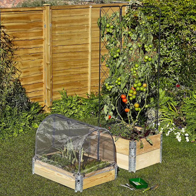 Outdoor raised planter with net covering for home vegetable growing