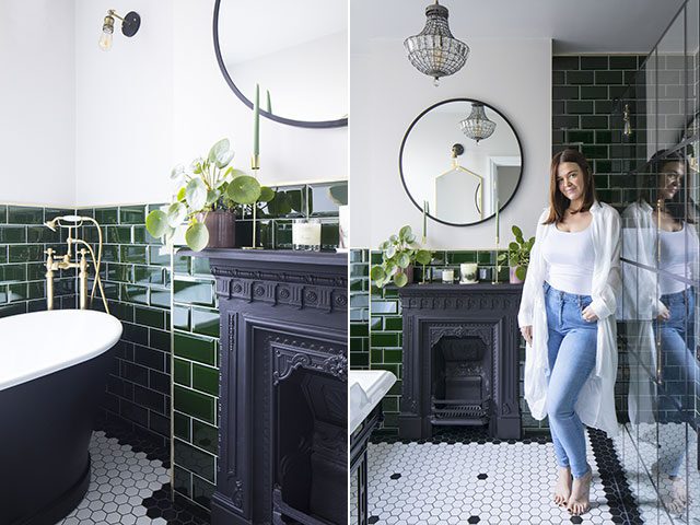 Victorian bathroom makeover with green metro tiles, white walls, gold taps and black original fireplace 