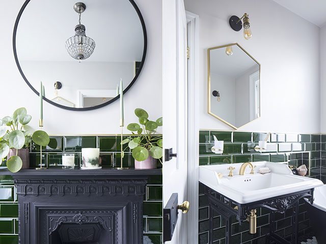 Green tiles and gold taps with white basin and mirrors in bathroom makeover 