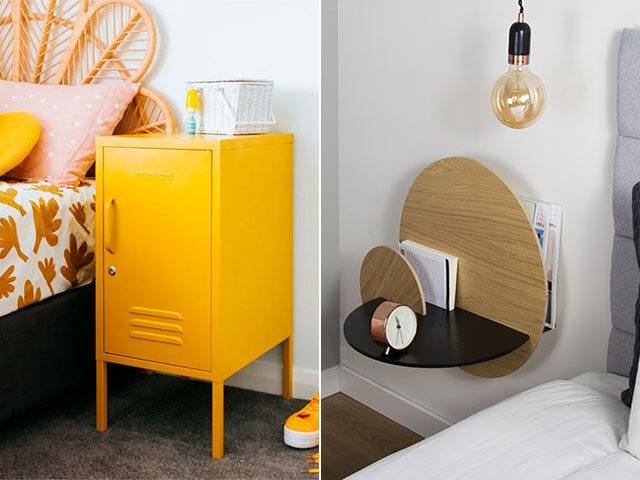 Bedroom storage ideas - yellow bedside table locker vs bedside table shelf