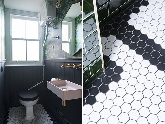 small wc with dark wall panelling and mosaic tiled floor in black and white