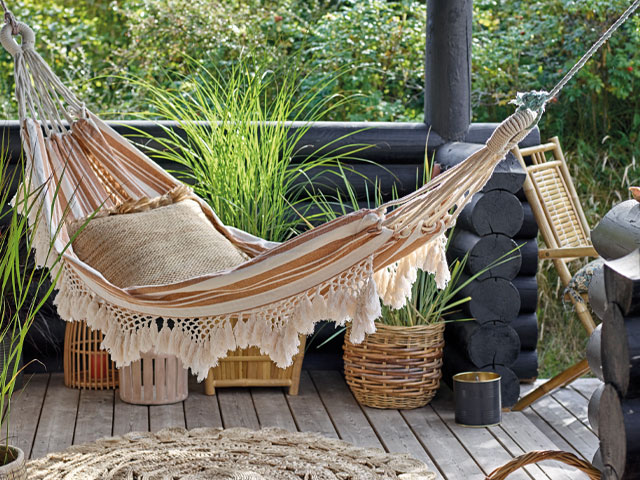 garden hammock with terracotta stripes and fringing