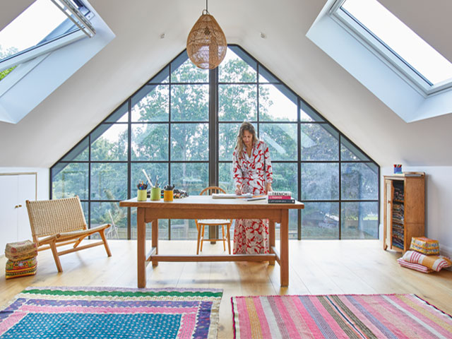 fashion designer Ella Blackwell in her loft studio at home in Tunbridge Wells