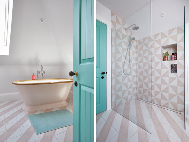 a pink and green bathroom with gold-rimmed roll-top bath