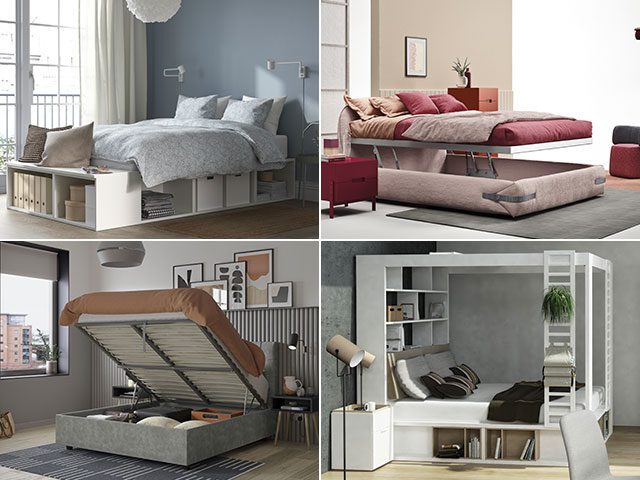 Bedroom storage ideas: storage beds from cheap to expensive - Ikea Platsa bed frame; four-poster storage bed with shelves; ottoman beds with different lift systems