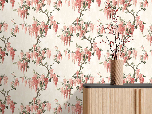 Wisteria wallpaper in coral from Woodchip and Magnolia