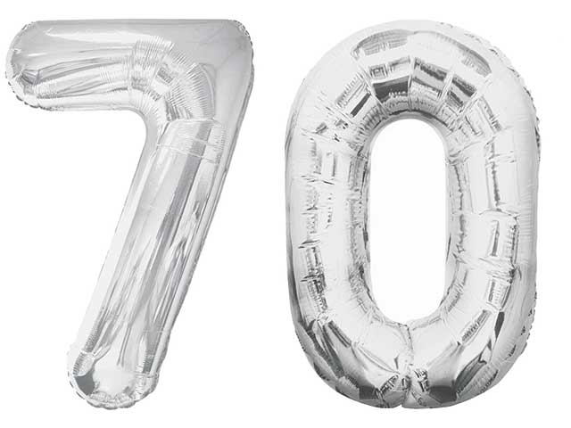 70 silver foil balloons on white background