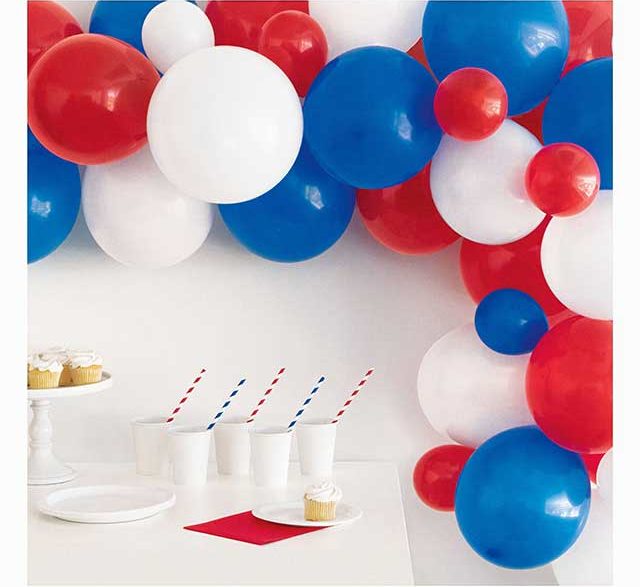 Platinum Jubilee balloon arch in red, white and blue