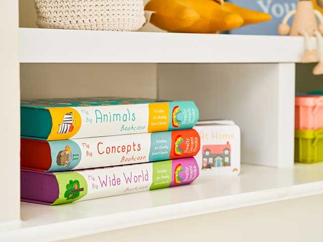 Books on white shelves in Georgia playroom