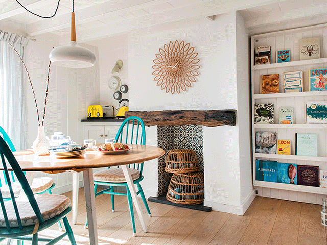 lobster pots, coastal chic, restored fireplace