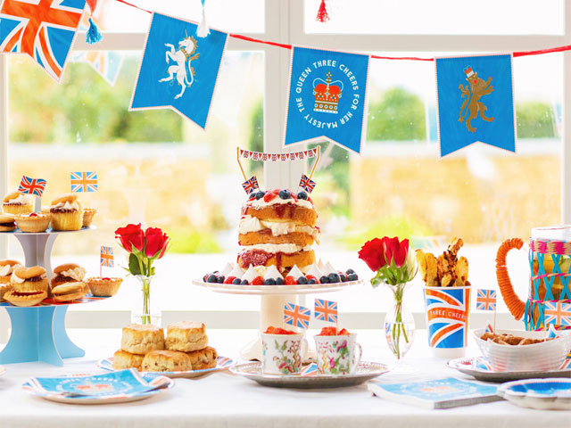 Platinum Jubilee street party plates, cups, bunting and cake topper