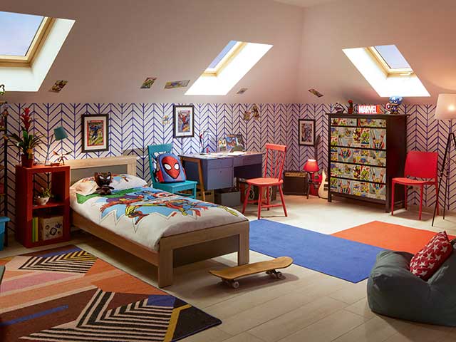 Marvel childrens bedroom with furniture, furnishings and bedding in the theme