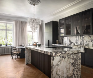 Mixed material kitchen: marble and wood in black and white kitchen