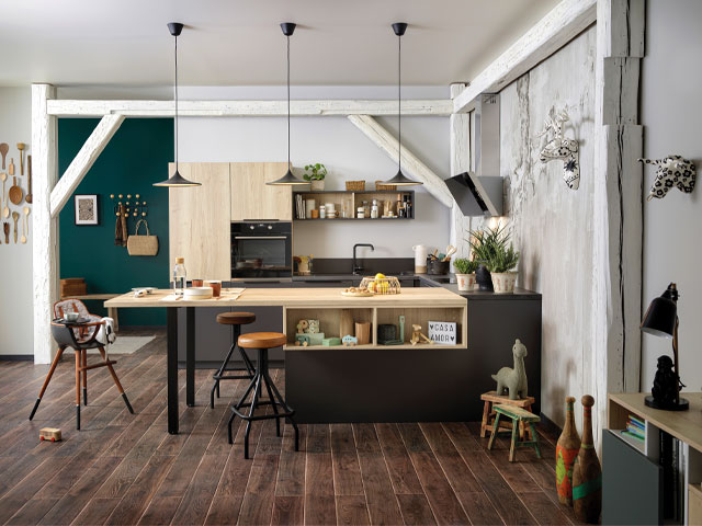 mix and match kitchen cabinets in an open-plan kitchen