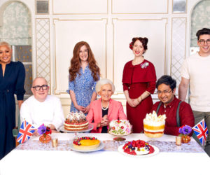 Mary Berry and judges with the Platinum Pudding finalists