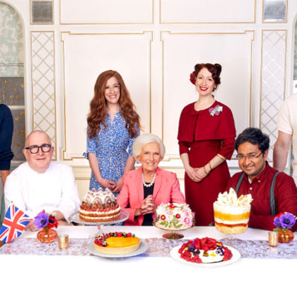 Mary Berry and judges with the Platinum Pudding finalists