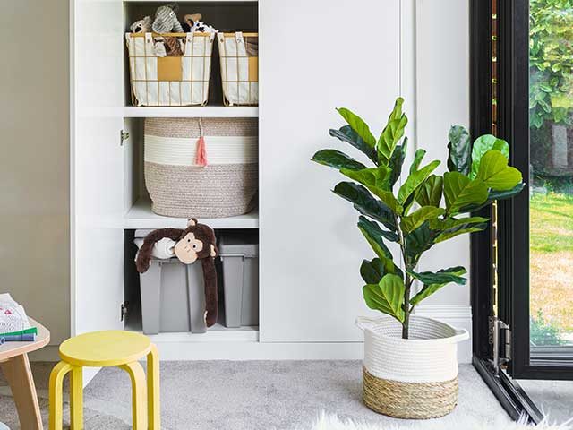 Storage baskets in playroom