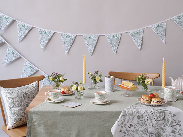 King Charles III coronation party tablescape with bunting