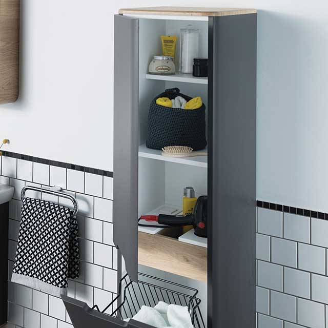 Laundry basket style bathroom cabinet