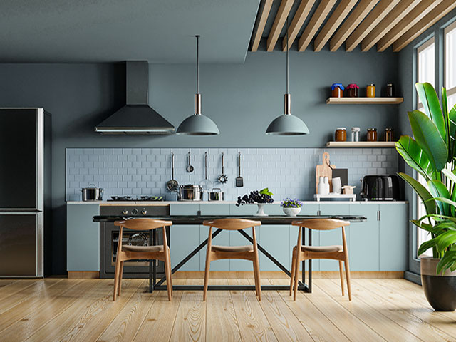 blue-grey kitchen with natural materials 