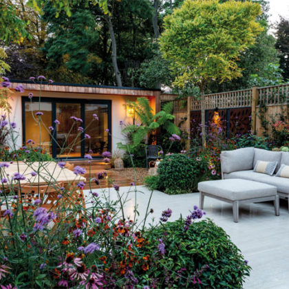 garden makeover with summer house, modern furniture and garden zoning