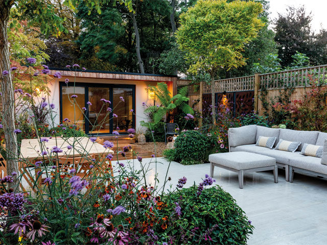 garden makeover with summer house, modern furniture and garden zoning