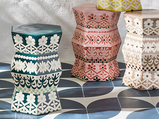 ceramic garden stool/side table in ceramic with bold motif