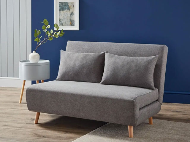 freya sofa bed from homebase in grey with wooden legs, ideal for smaller spaces and cheap