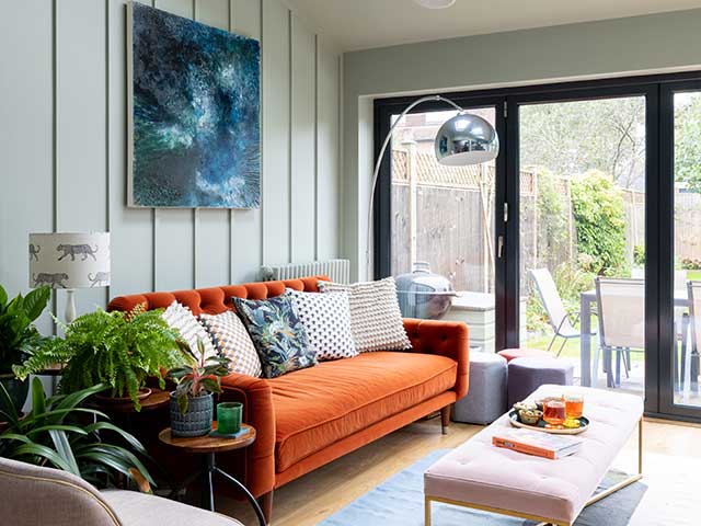 zoned kitchen space living room leading out to garden