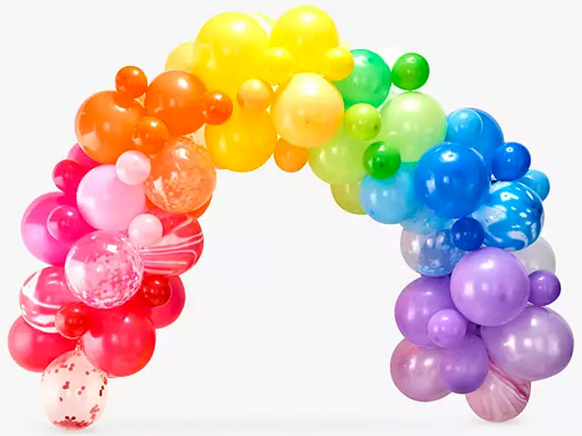 pride decoration ideas: rainbow balloon arch, ginger ray