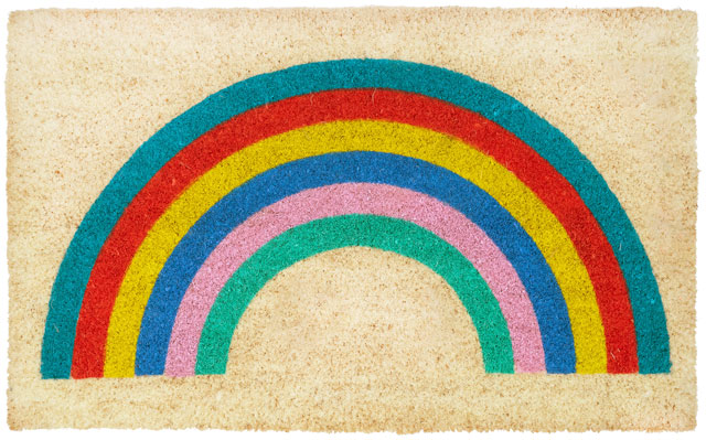 pride decoration ideas: rainbow doormat from red candy