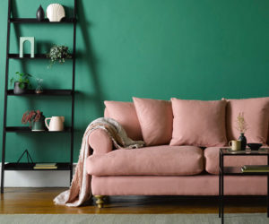 comfy pink sofa with plump feather back cushions and wooden legs