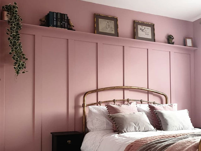 valspar rose pink paint in a bedroom with wall panelling