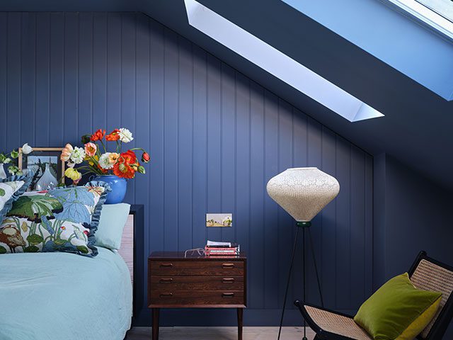 colourful decor ideas: blue colour drench bedroom painted in Farrow & Ball