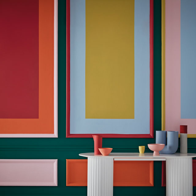 coloured wall panel ideas - contrast bright colours for a bold feature wall idea