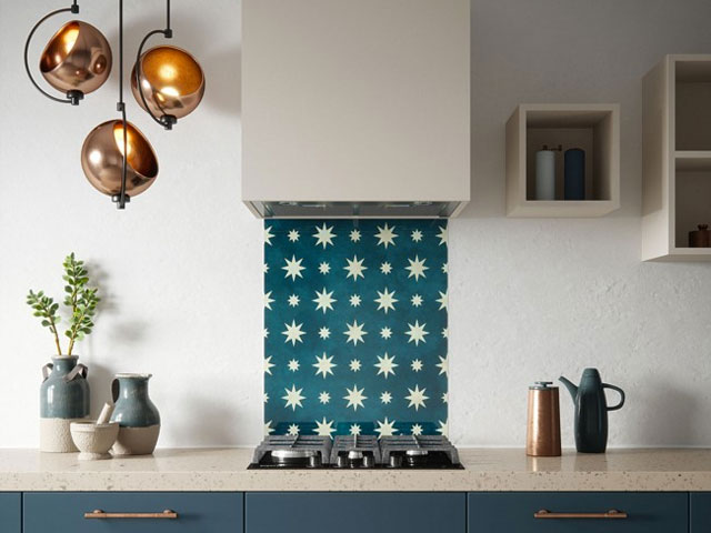 diy glass splashback in indigo with star pattern