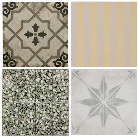 four different patterned outdoor tiles on a white background