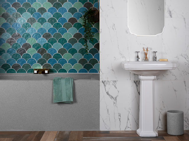 fish scale bathroom tiles in teal colours for scallop shape decor effect