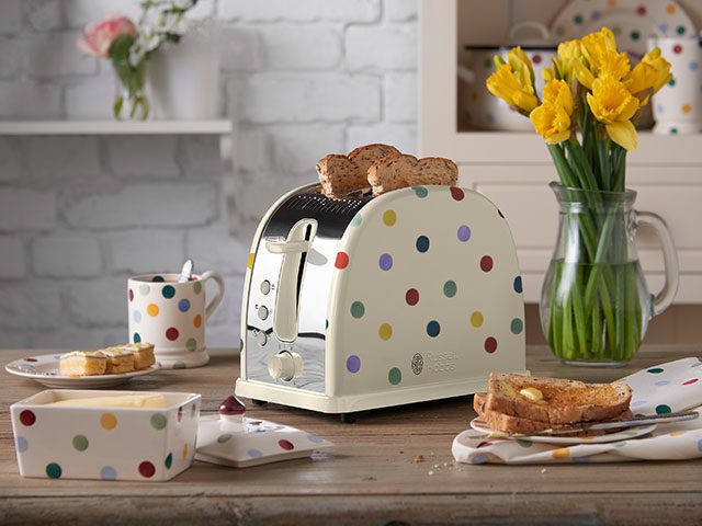 Emma Bridgewater polka-dot toaster with matching mug and butter dish