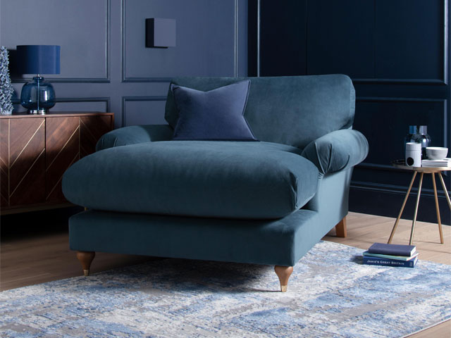 colour drenching navy chaise from next with navy walls and blue rug