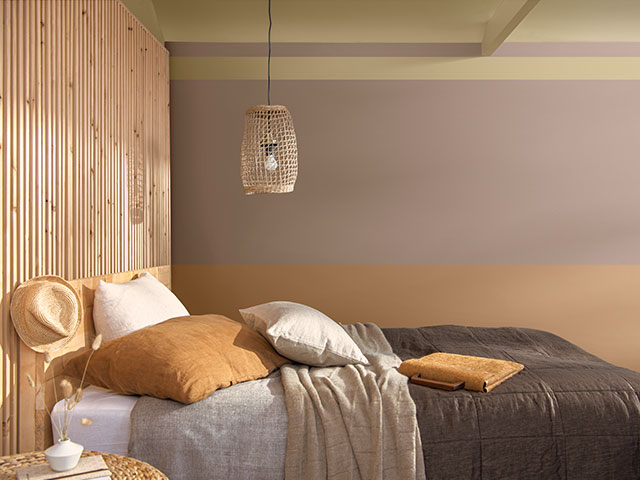 bedroom painted in lilac and orange sorbet with chartreuse wild wonder ceilings 