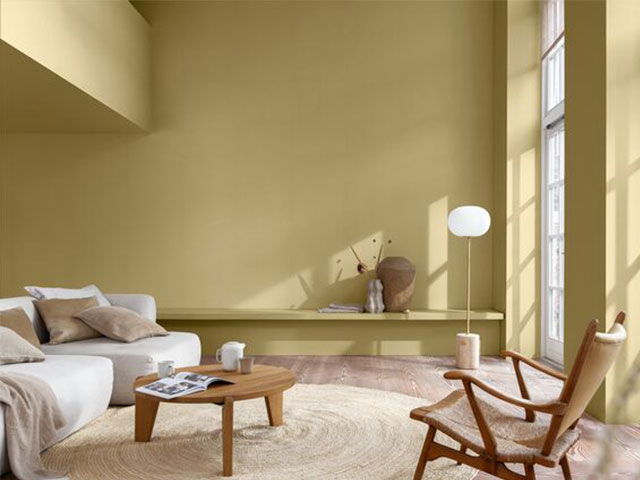 Living room painted in Wild Wonder, a yellowy chartreuse that is Dulux Colour of the Year 2023 