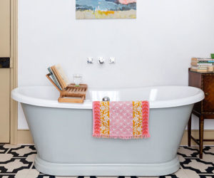 Edwardian bathroom makeover with grey freestanding tub in a house in Rye, East Sussex