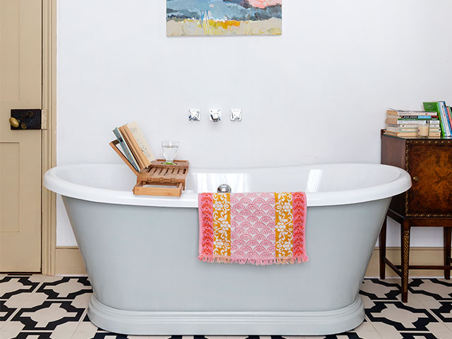 Edwardian bathroom makeover with grey freestanding tub in a house in Rye, East Sussex